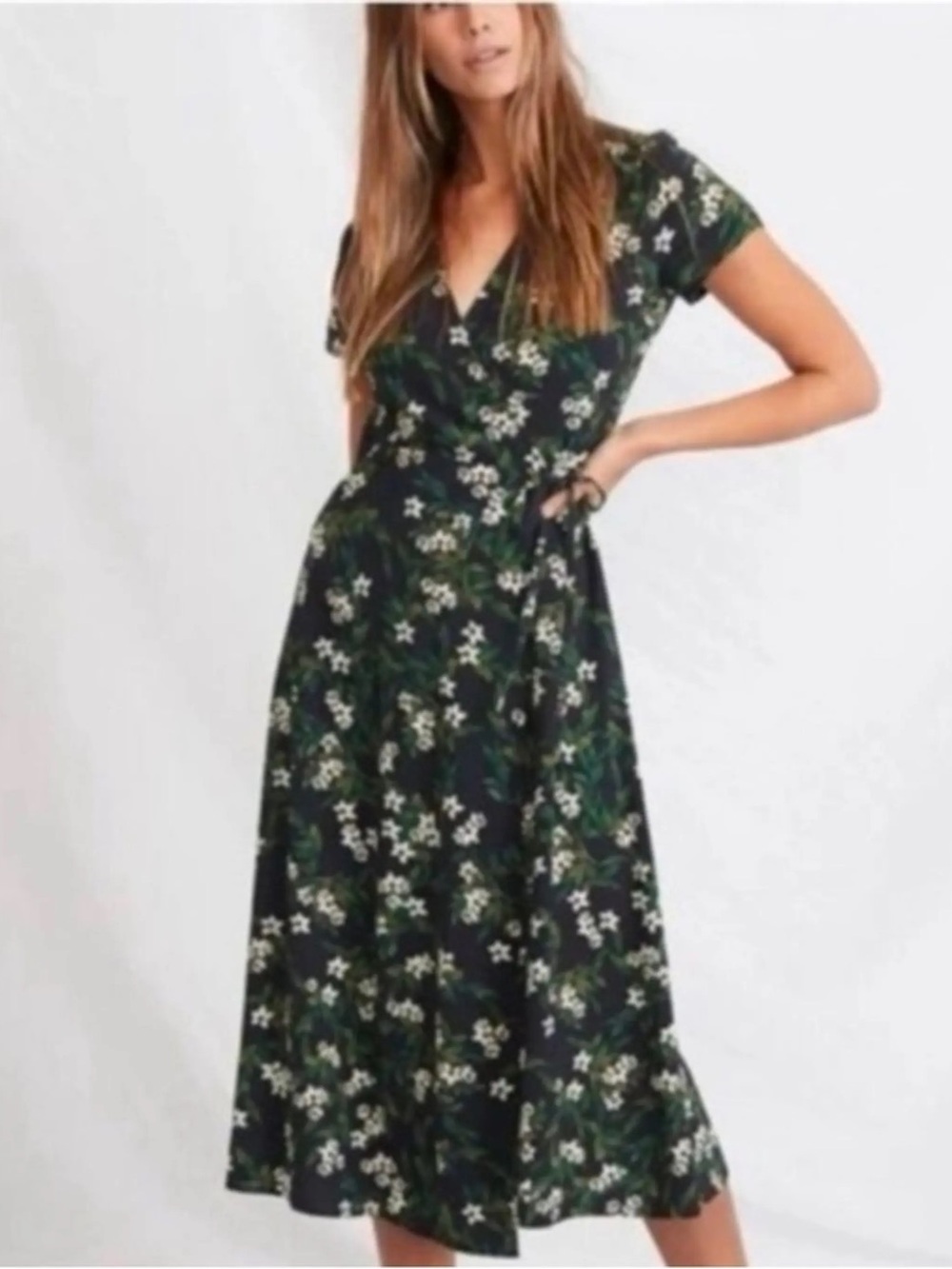 Marine Layer Black and Green Floral Wrap Midi Dress